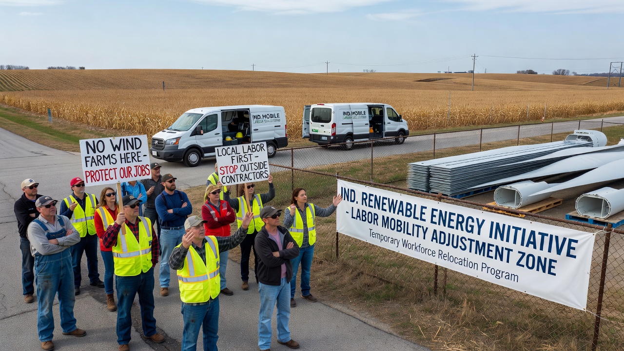Workers in safety gear installing solar panels on a former industrial site with distant town visible
